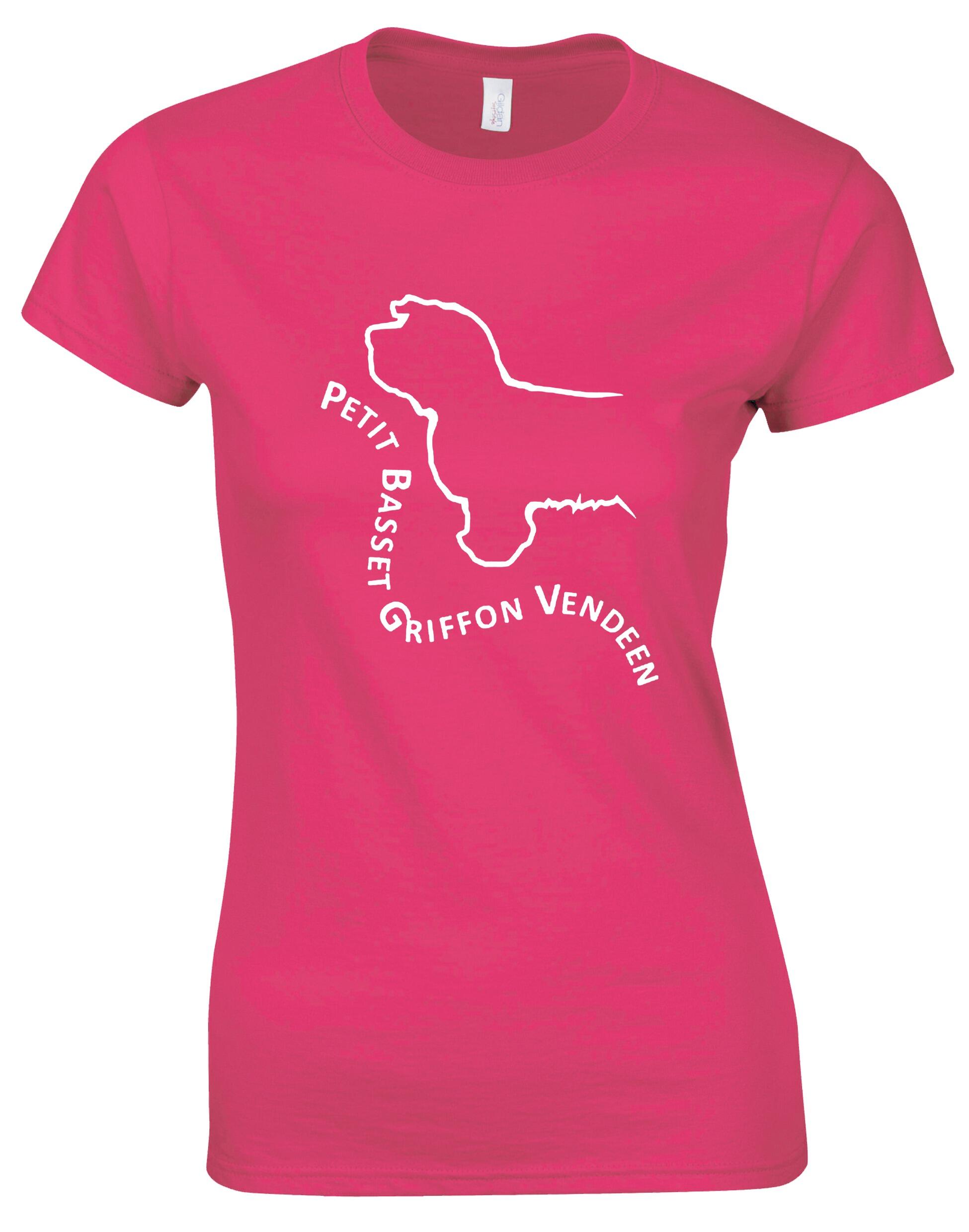 Petit Basset Griffon Vendéen Female Roundneck T-Shirt – soft, breathable cotton t-shirt with exclusive breed artwork, tailored feminine fit, and classic round neckline for casual comfort.