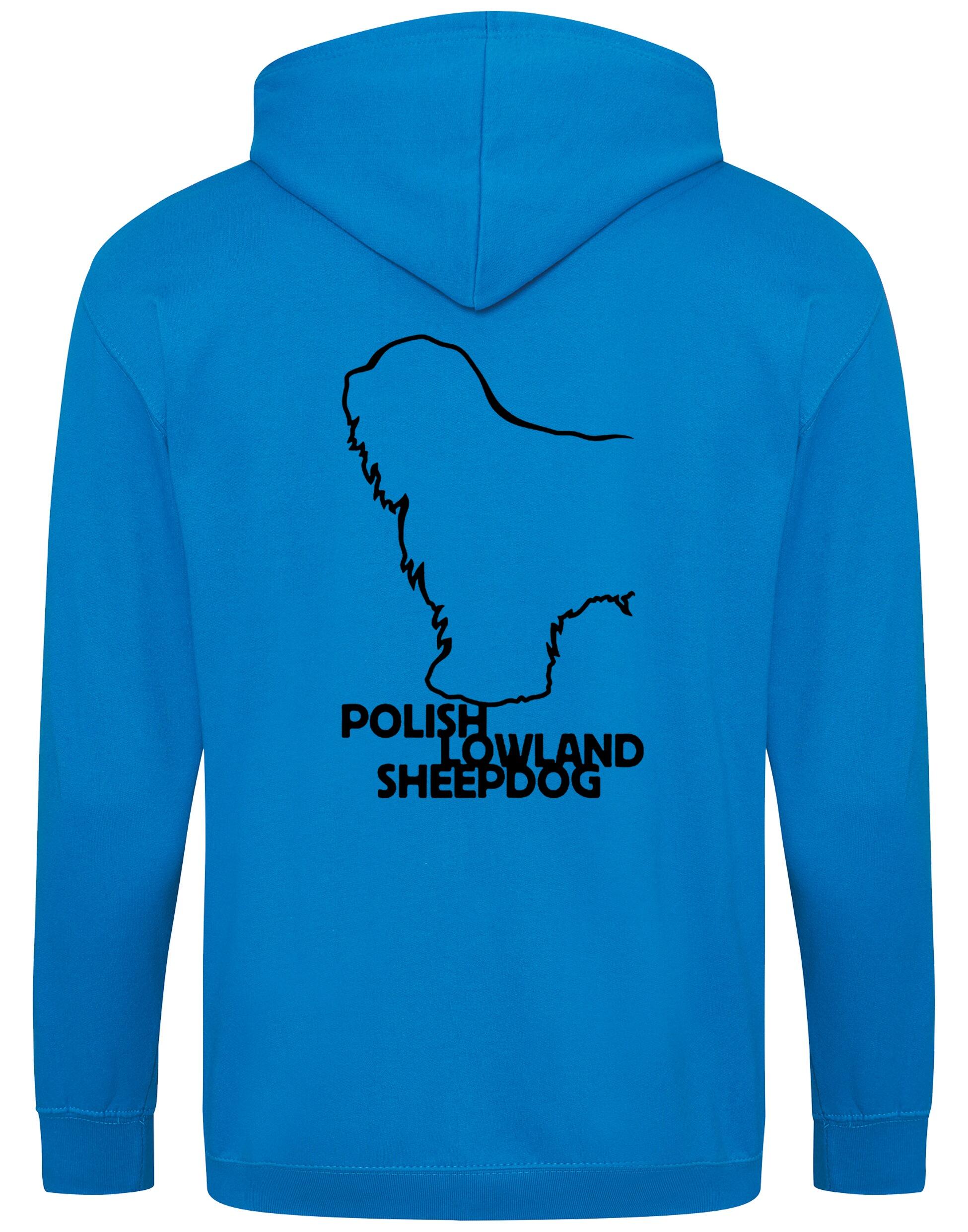 Polish Lowland Sheepdog Zipped Hoodie featuring exclusive breed artwork, full-zip closure, double-fabric hood, and spacious pockets for comfort and style.