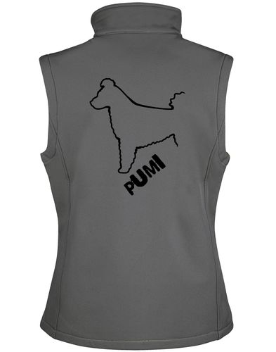 Women's Hungarian Pumi Softshell Gilet featuring exclusive breed artwork with personalization options, crafted from premium water-resistant fabric with a full-zip front and side pockets for stylish, practical outdoor wear.