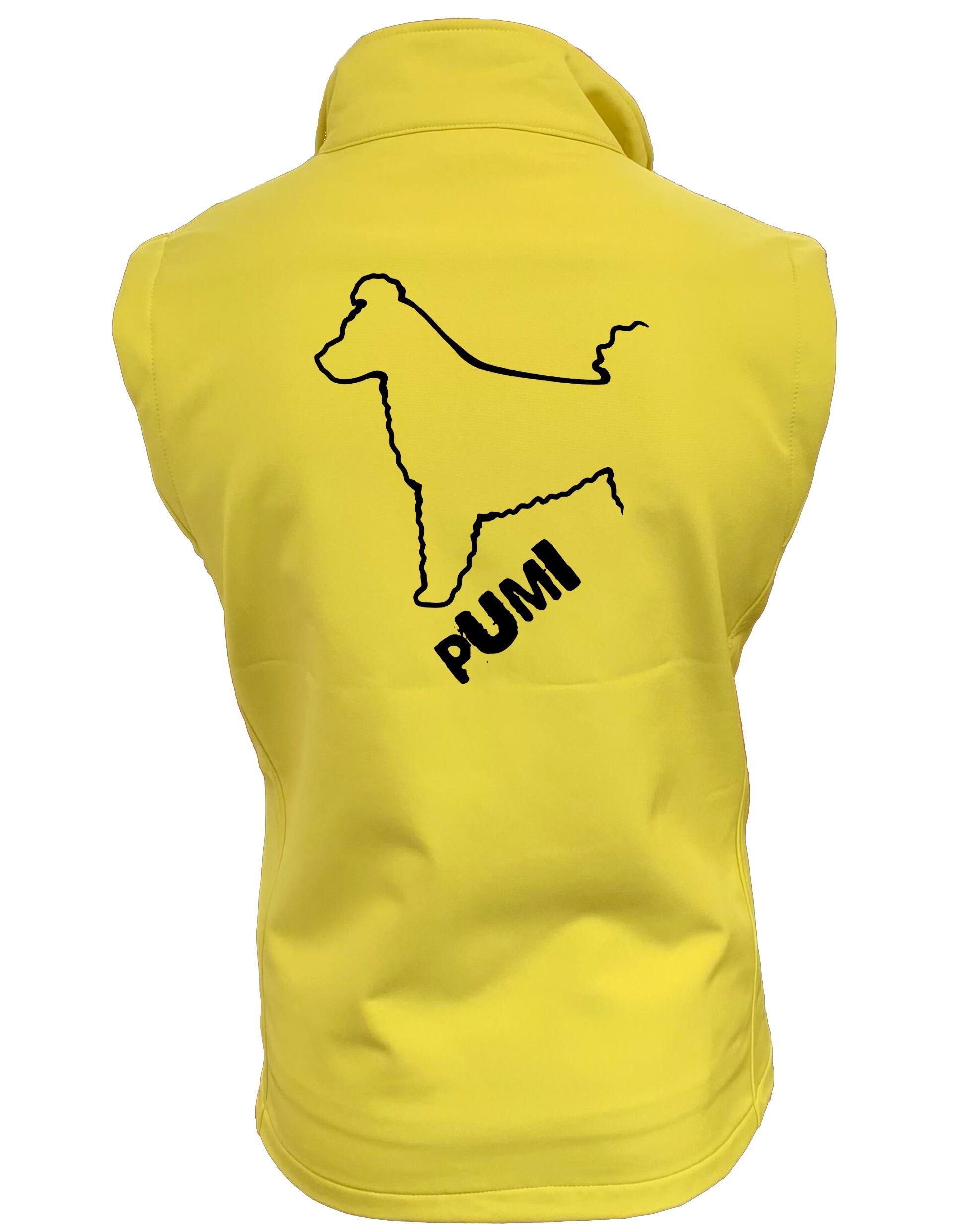 Women's Hungarian Pumi Softshell Gilet featuring exclusive breed artwork with personalization options, crafted from premium water-resistant fabric with a full-zip front and side pockets for stylish, practical outdoor wear.