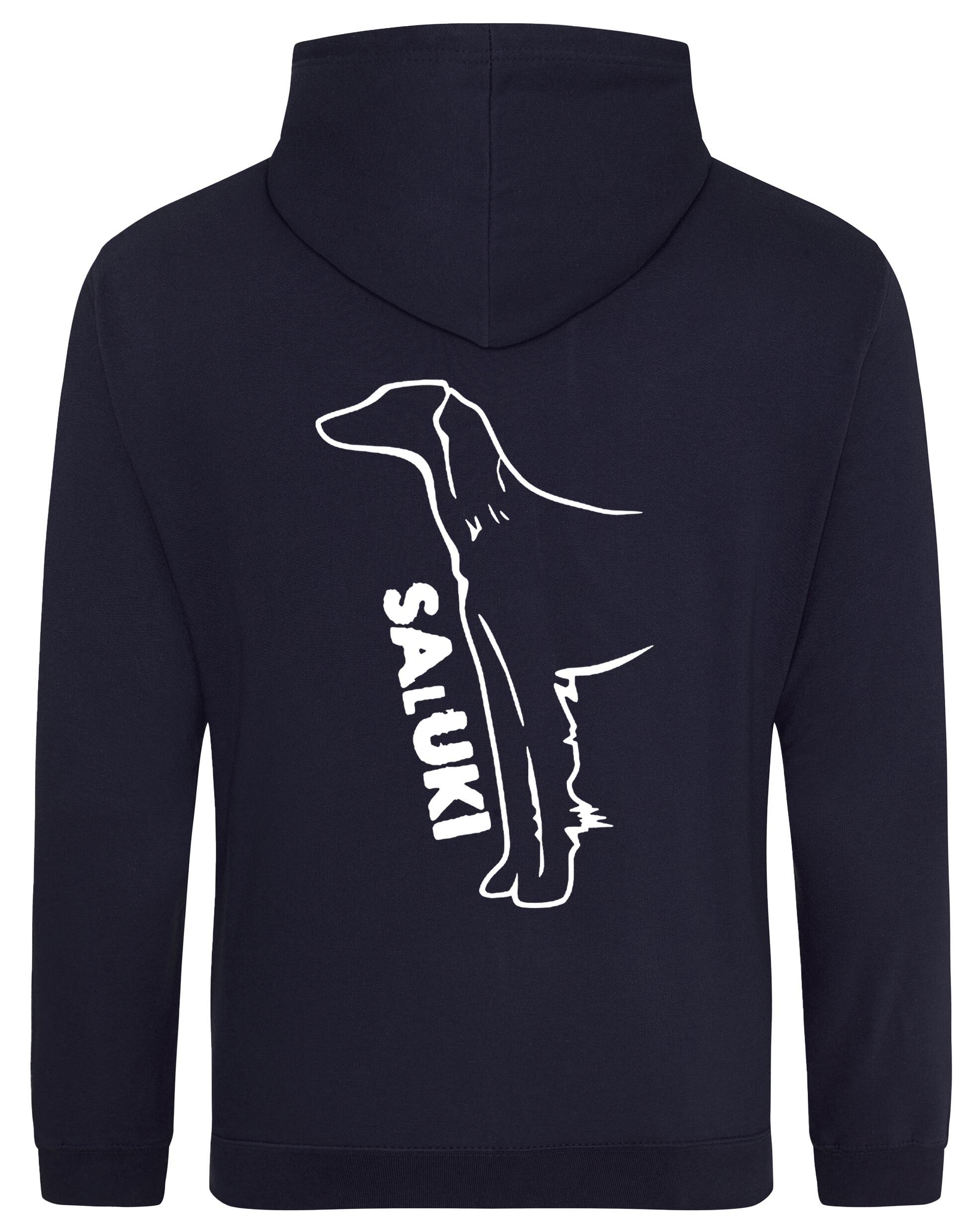 Saluki Design Pullover Hoodie featuring exclusive breed artwork, soft fleece interior, heavy-blend fabric, kangaroo pouch pocket, ribbed cuffs, and double-fabric hood with personalization options for breed enthusiasts.
