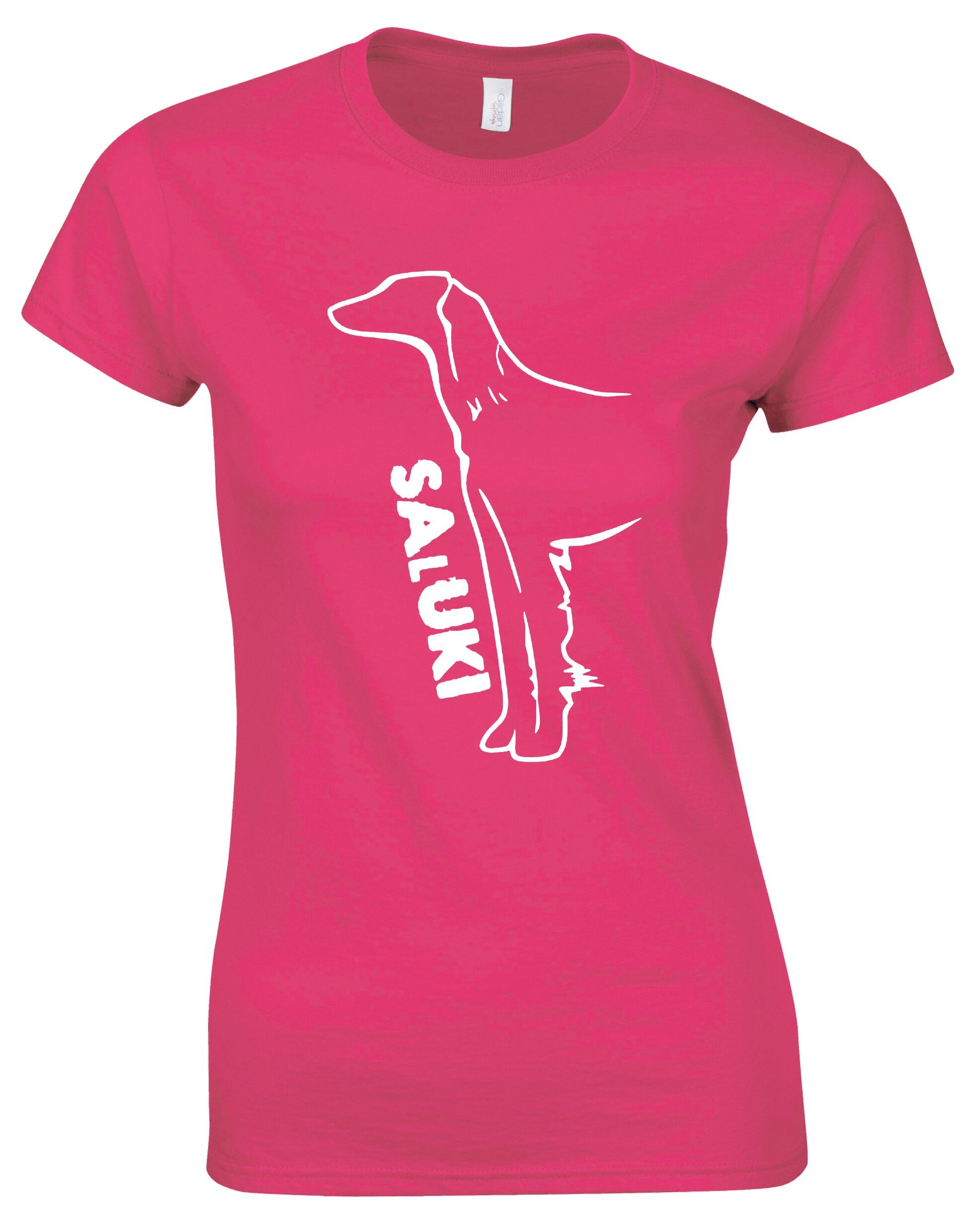 Saluki Female Roundneck T-shirt featuring exclusive breed artwork, soft breathable cotton fabric, flattering feminine fit, and classic round neckline for comfort, style, and breed pride.