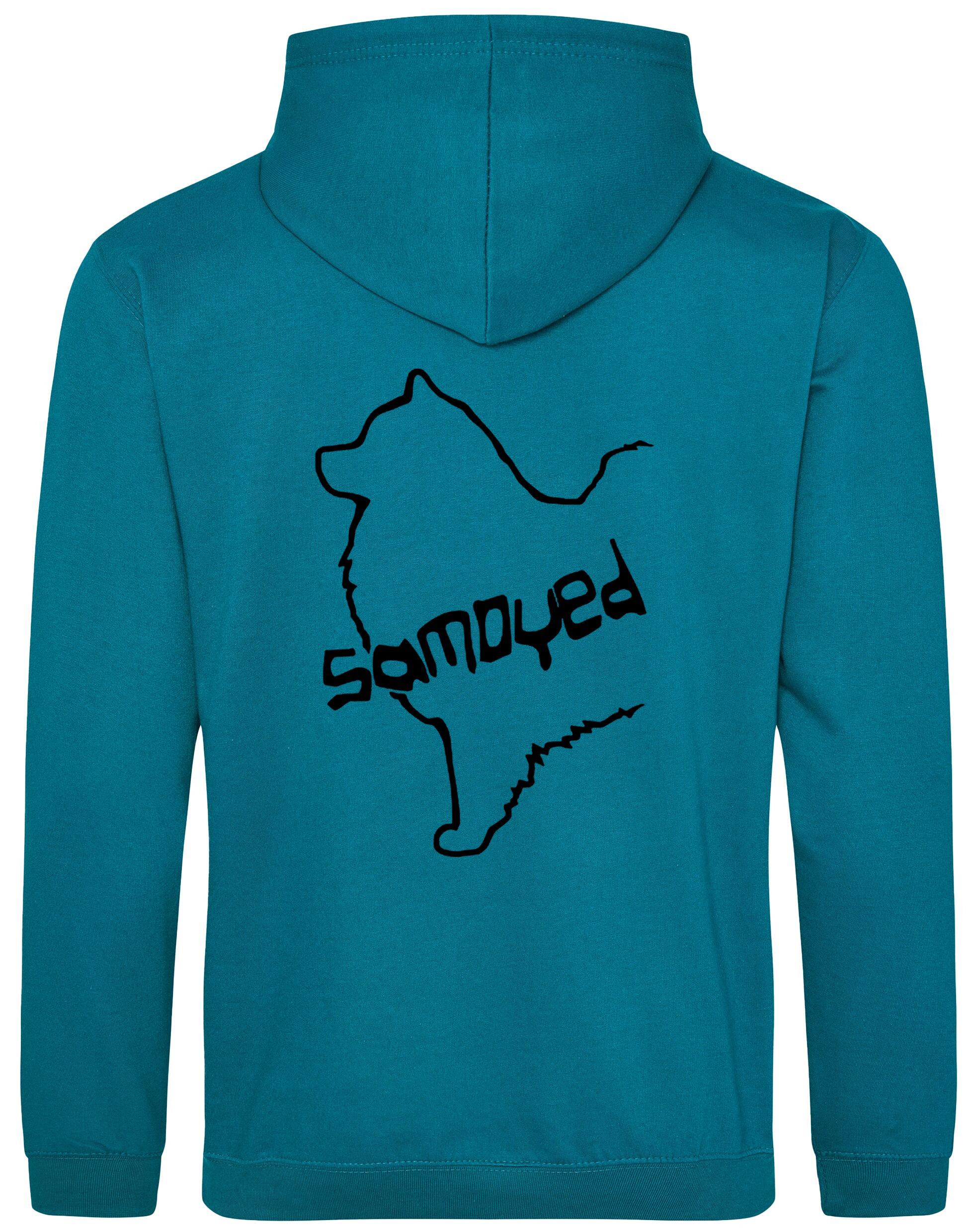 Samoyed Design Pullover Hoodie featuring exclusive breed artwork, soft fleece interior, heavy-blend fabric, kangaroo pouch pocket, ribbed cuffs, and double-fabric hood with personalization options for breed enthusiasts.