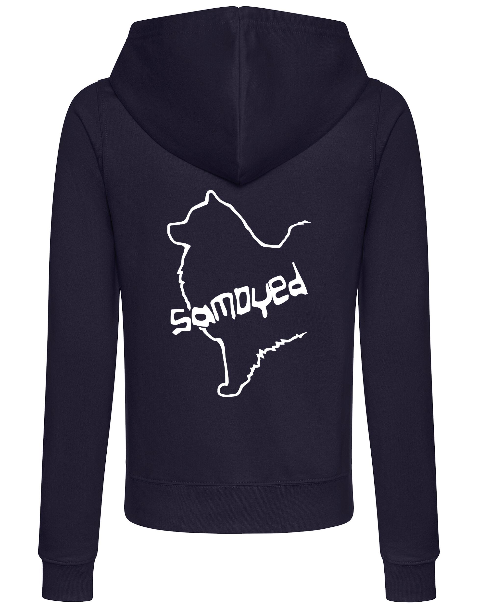 Samoyed Women’s Zipped Hoodie featuring exclusive breed artwork, soft breathable fabric, feminine fit, full-zip closure, cozy hood, and practical front pockets for stylish comfort and breed pride.