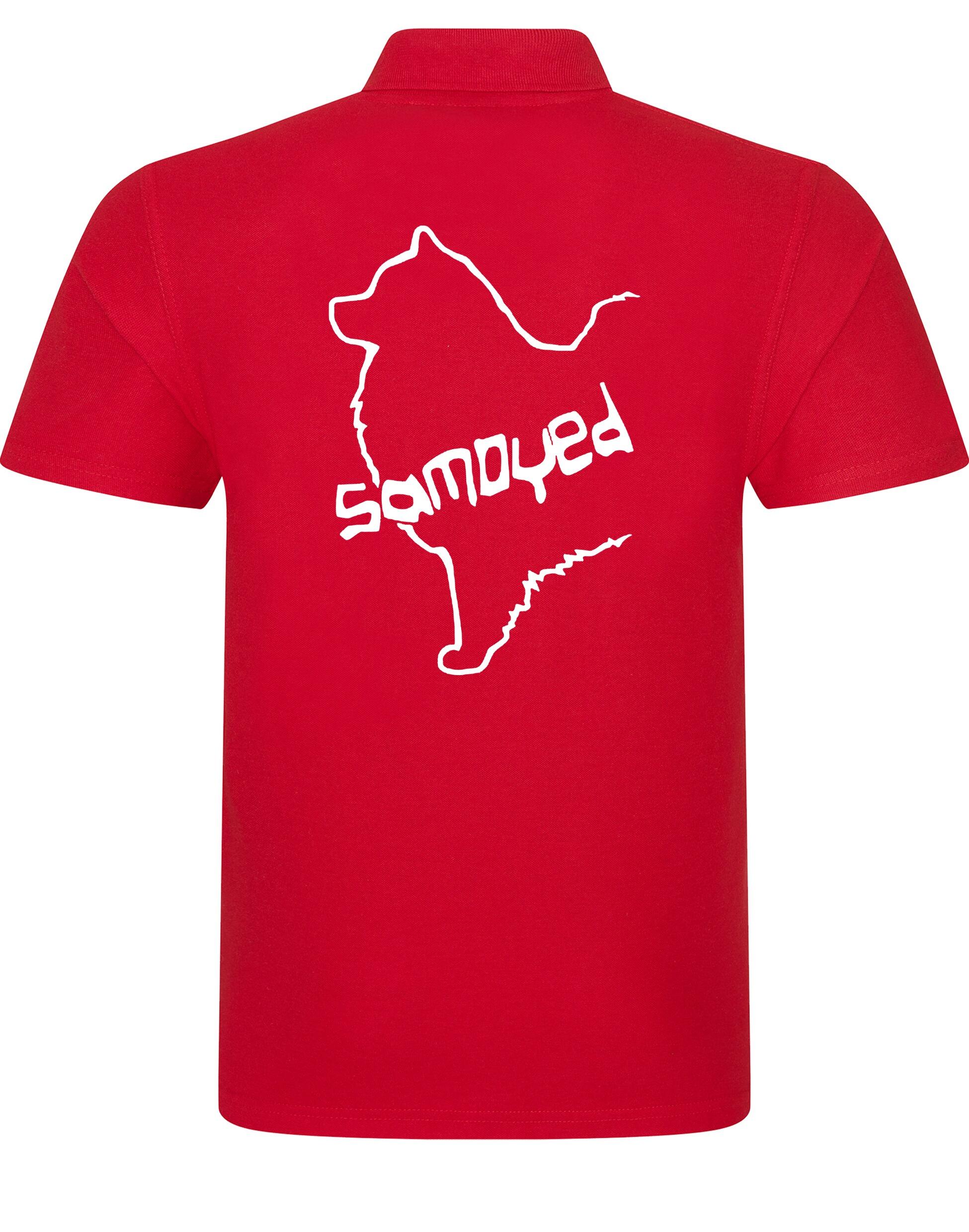 Samoyed Unisex Cotton Polo featuring exclusive breed artwork, breathable soft cotton, relaxed unisex fit, and classic polo collar for stylish comfort and breed pride.