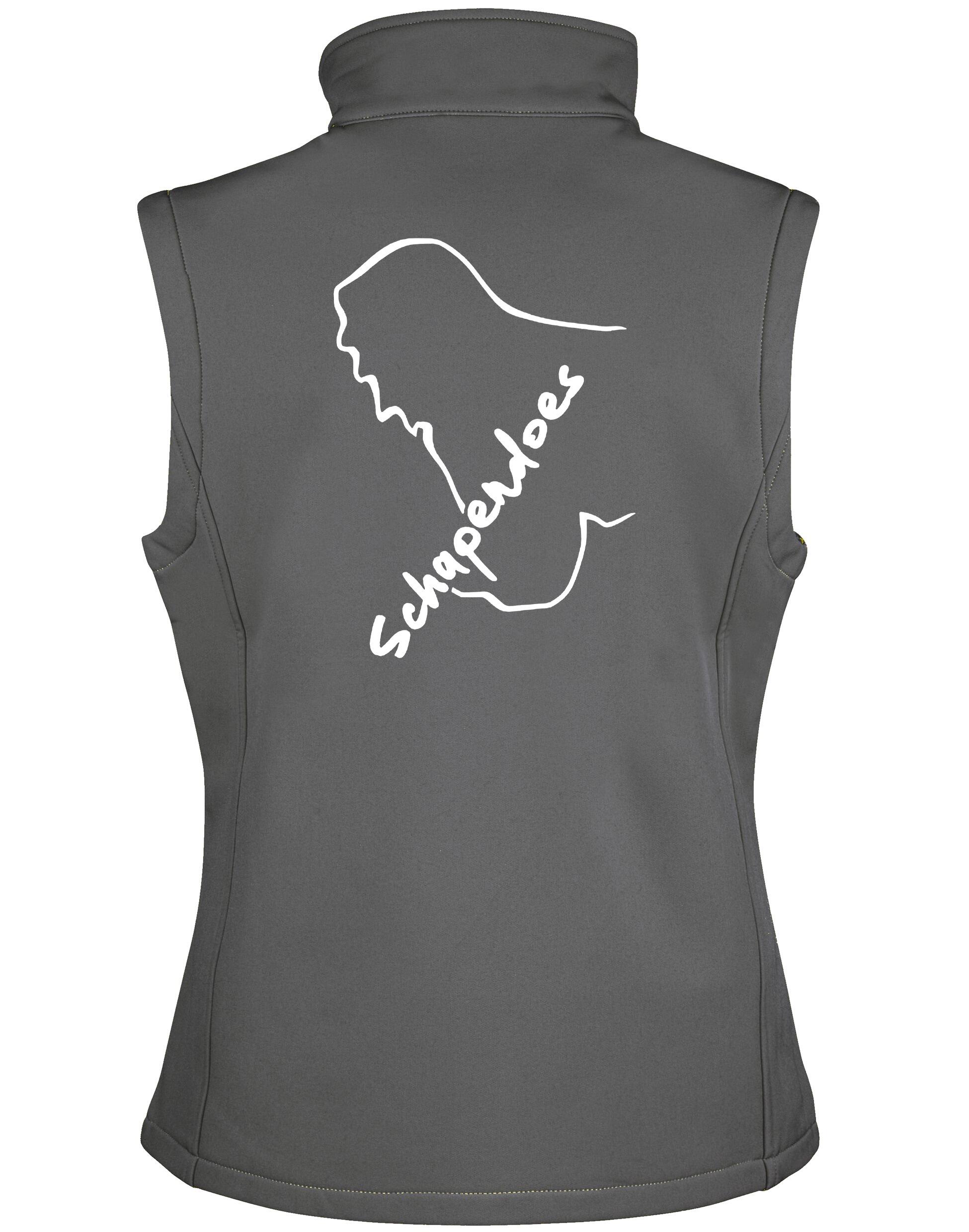 Schapendoes Women’s Softshell Gilet featuring exclusive breed artwork, water-resistant fabric, flattering tailored fit, full-zip front, and personalization options designed for stylish comfort and breed pride.
