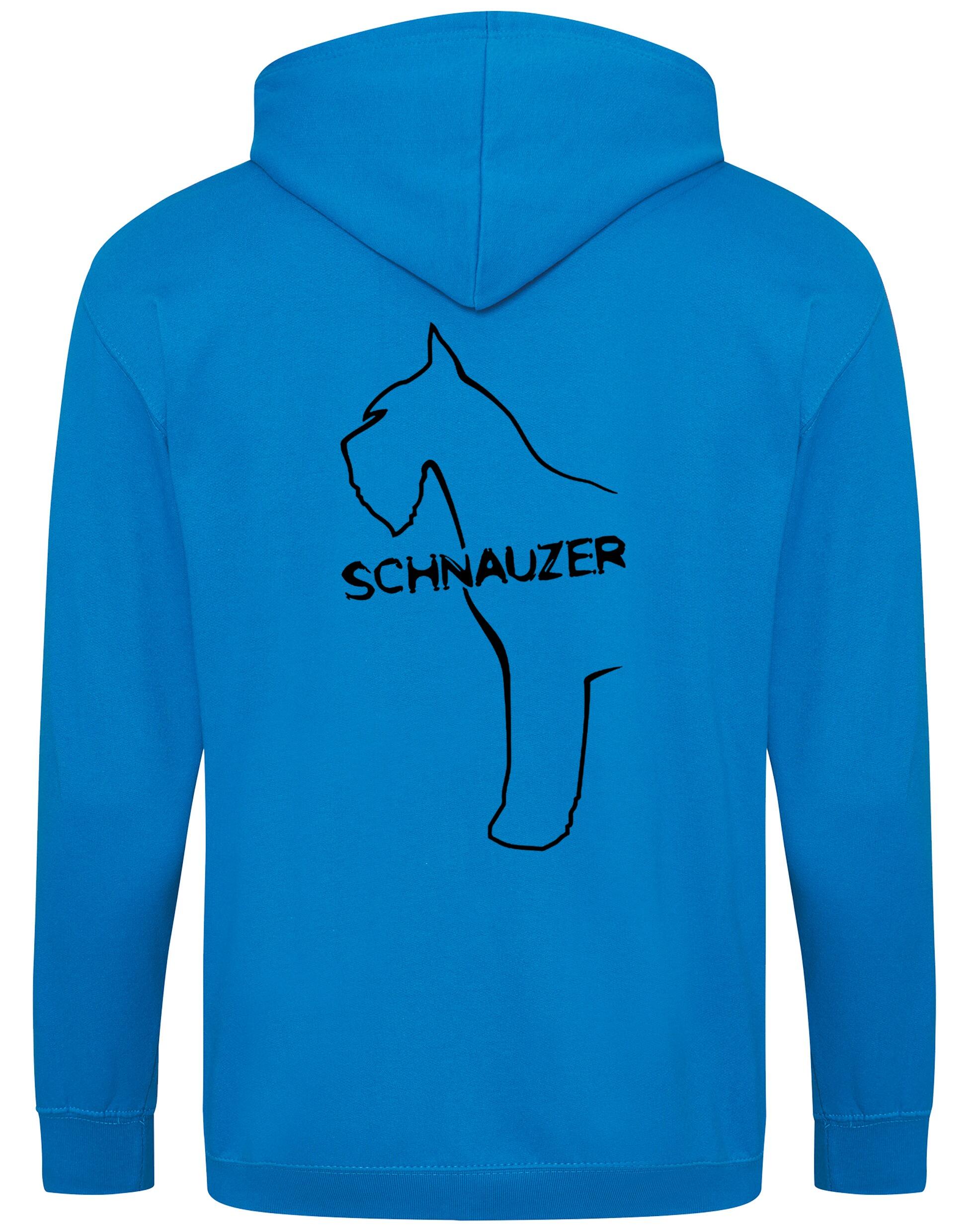 Schnauzer Zipped Hoodie featuring exclusive breed artwork on the back and paw prints on the front, made from durable heavy-blend fabric with a cozy brushed fleece interior, full-zip closure, double-fabric hood, and spacious front pockets.