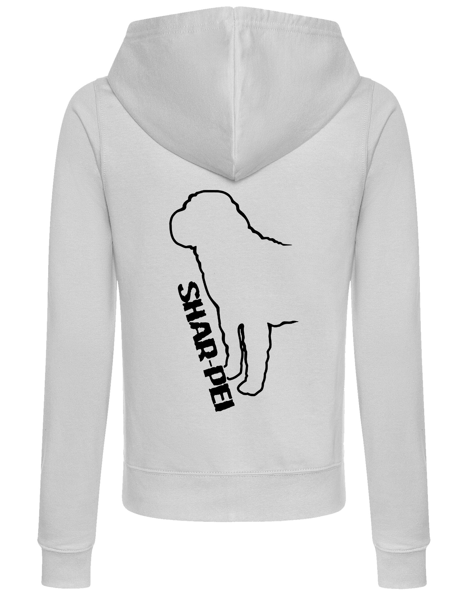 Shar Pei Women’s Zipped Hoodie featuring exclusive breed artwork, full-zip design, cozy hood, and front pockets.