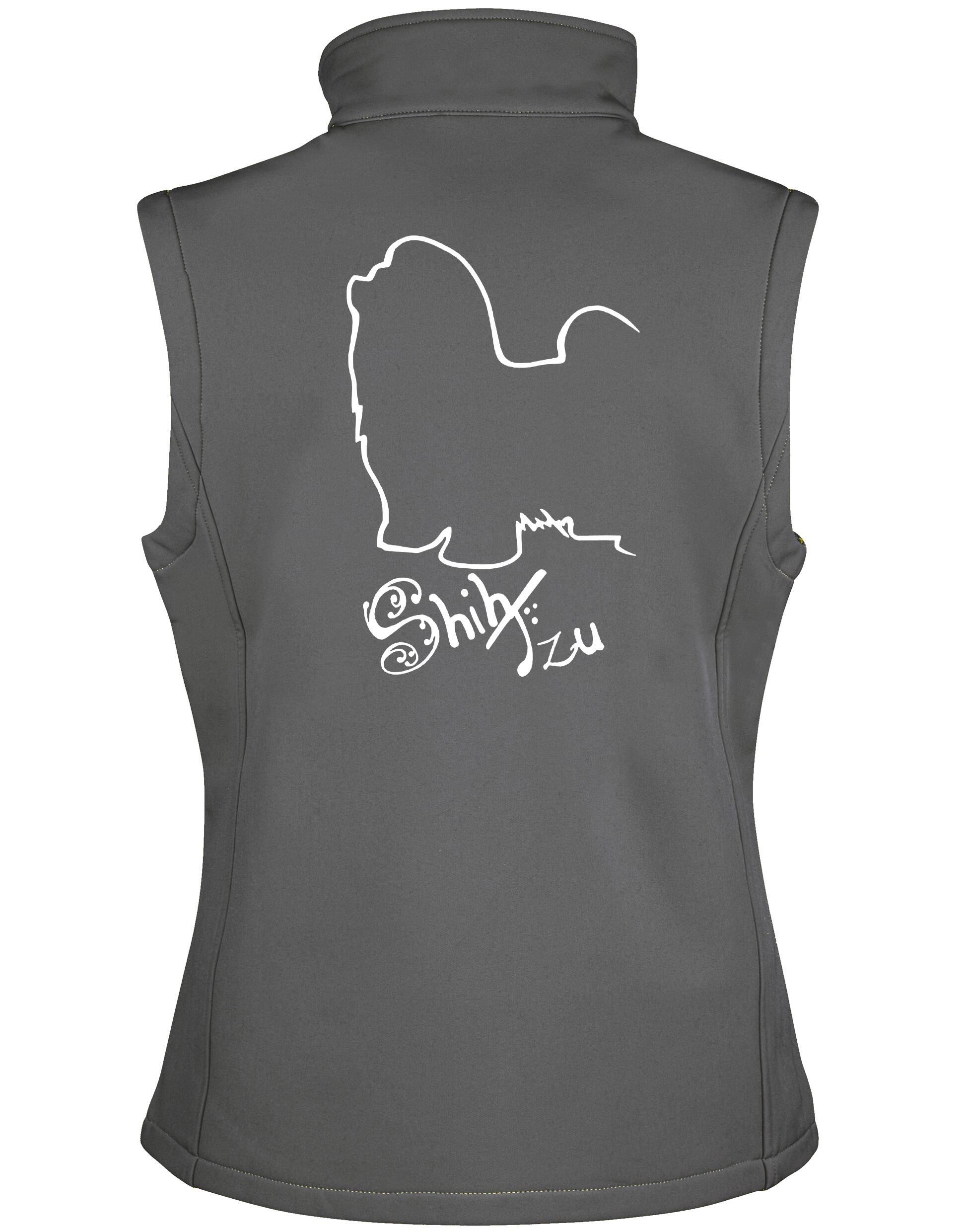Unisex softshell gilet with exclusive Shih Tzu artwork on the back, featuring water-resistant fabric, fleece lining, and a full-zip front—designed for dog lovers who want practical style and comfort.