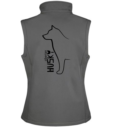 Women’s softshell gilet featuring exclusive Siberian Husky artwork on the back, tailored fit with a full-zip front and side pockets—ideal for dog walking, events, and casual outdoor wear.