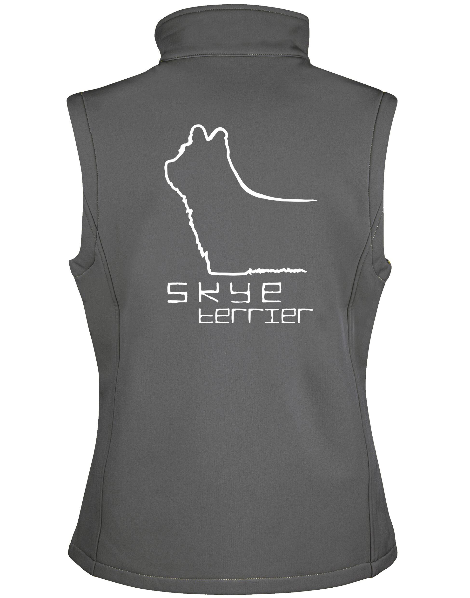 Women’s softshell gilet featuring customisable Skye Terrier artwork on the back, with water-resistant fabric, a tailored feminine fit, and two side pockets—designed for comfort, style, and dog-loving adventures.