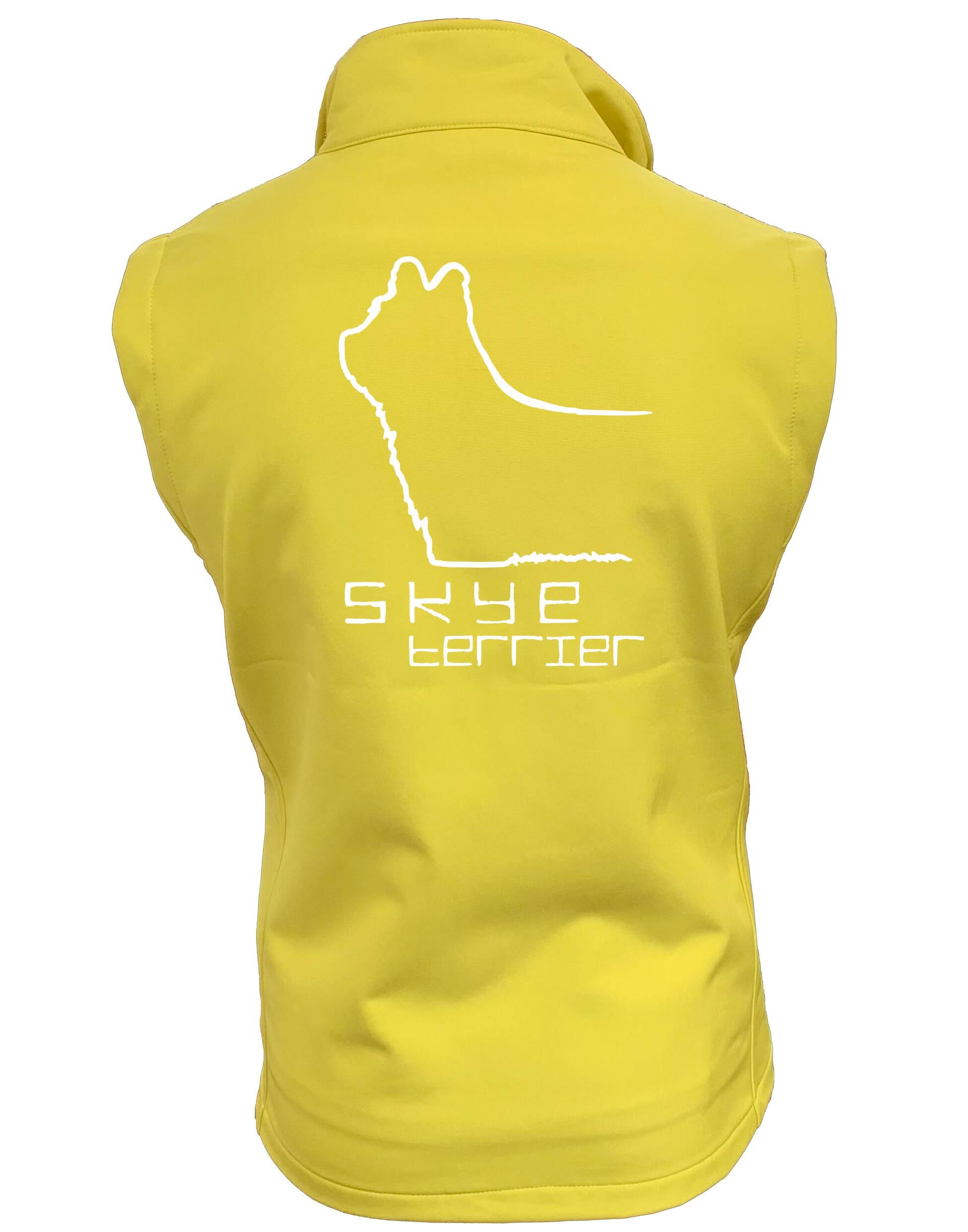 Women’s softshell gilet featuring customisable Skye Terrier artwork on the back, with water-resistant fabric, a tailored feminine fit, and two side pockets—designed for comfort, style, and dog-loving adventures.