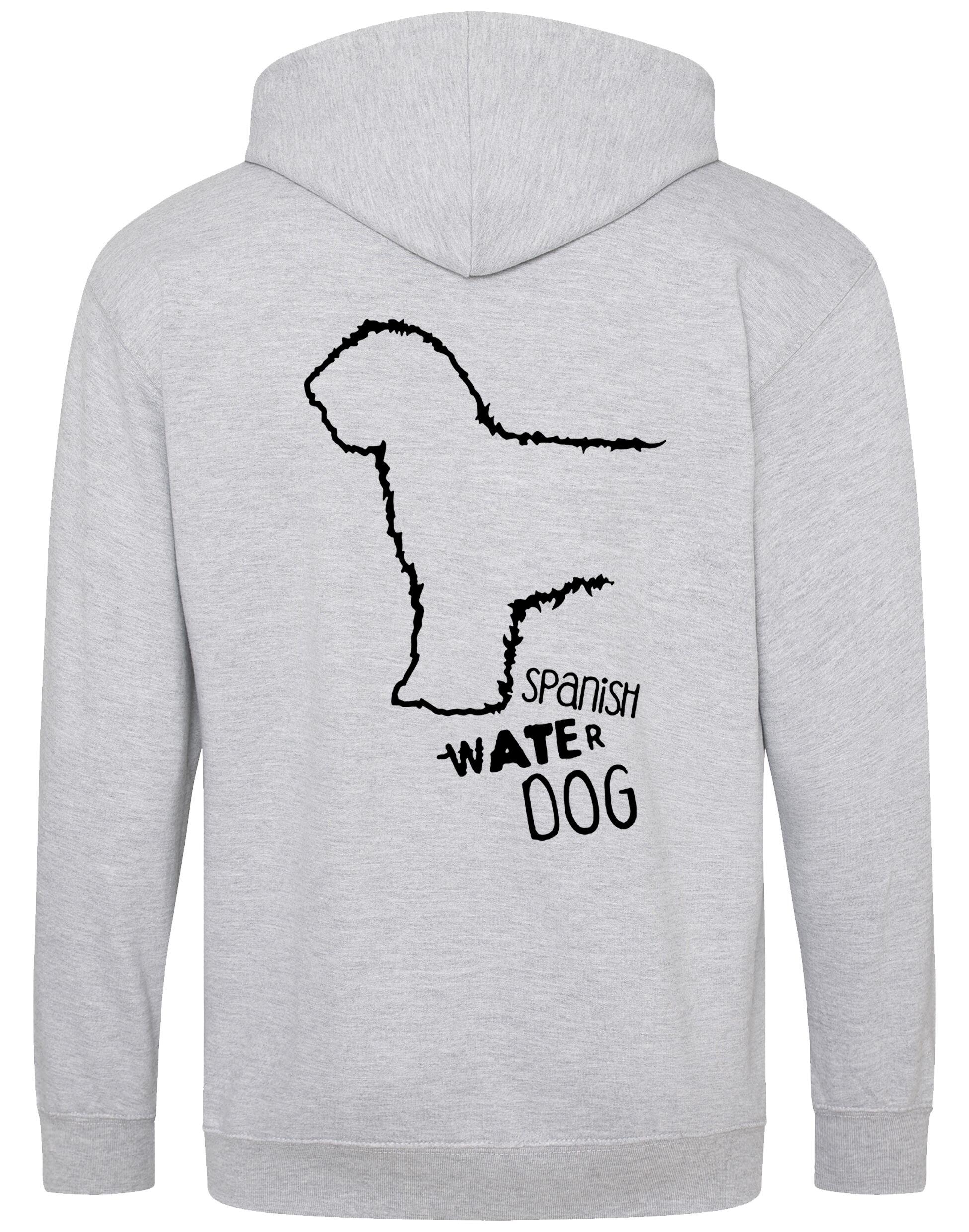 Unisex zipped hoodie featuring exclusive Spanish Water Dog artwork on the back and paw prints on the front. Made from soft fleece-lined fabric with a double-layered hood, full-zip front, and roomy pockets—ideal for breed enthusiasts and everyday wear.