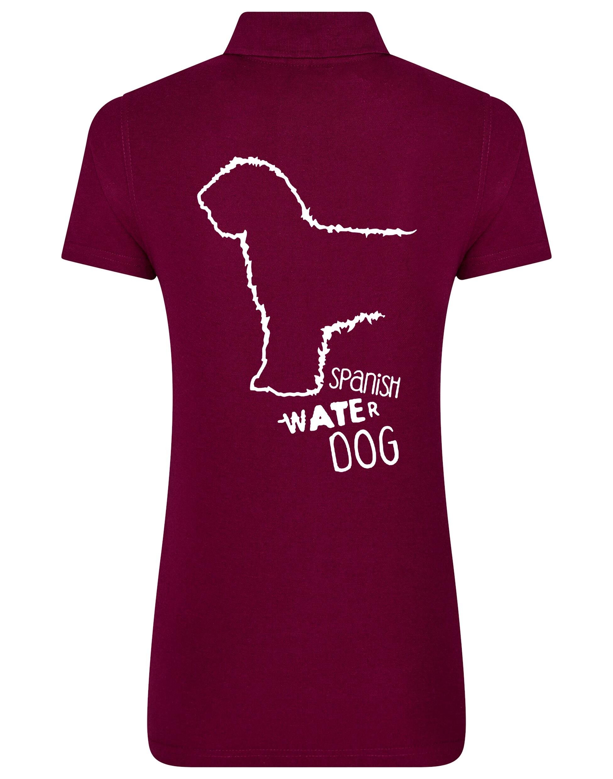Women’s Cotton Polo featuring a detailed Spanish Water Dog design printed on the back. Lightweight and breathable with a tailored feminine fit, ideal for casual outings, dog shows, and breed enthusiasts.