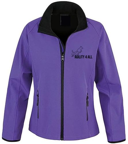 Agility 4 All Official Clothing - Purple Female Softshell Jacket Front Image - Black Printed Logo