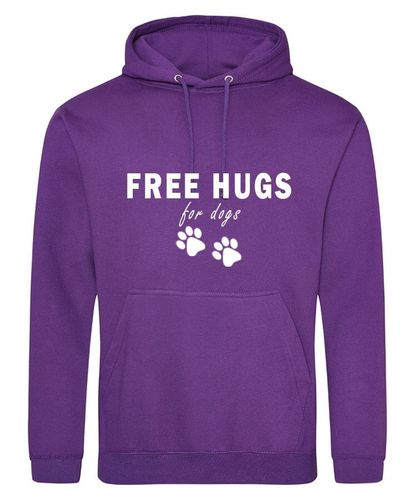 Free Hugs Design on a Purple Pullover Hoodie White Print
