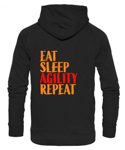 Eat Sleep Agility Repeat Design on a Black Pullover Hoodie Orange Print