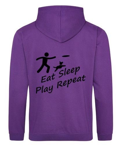 Eat Sleep Play Repeat Design on a Purple Pullover Hoodie Black Print