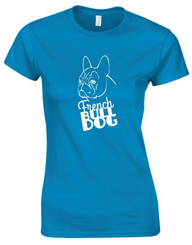 Female French Bulldog (Head) Roundneck T-Shirt Sapphire Blue (White)