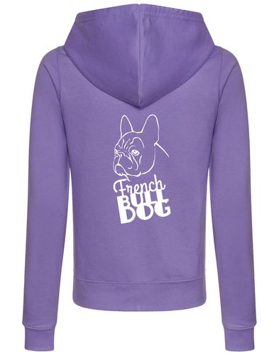 Female French Bulldog (Head) Zipped Hoodie Lavender (White)