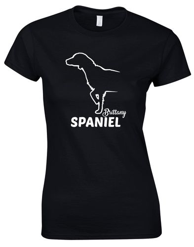 Female Brittany Spaniel Roundneck T-Shirt Black (White)