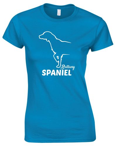 Female Brittany Spaniel Roundneck T-Shirt Sapphire Blue (White)