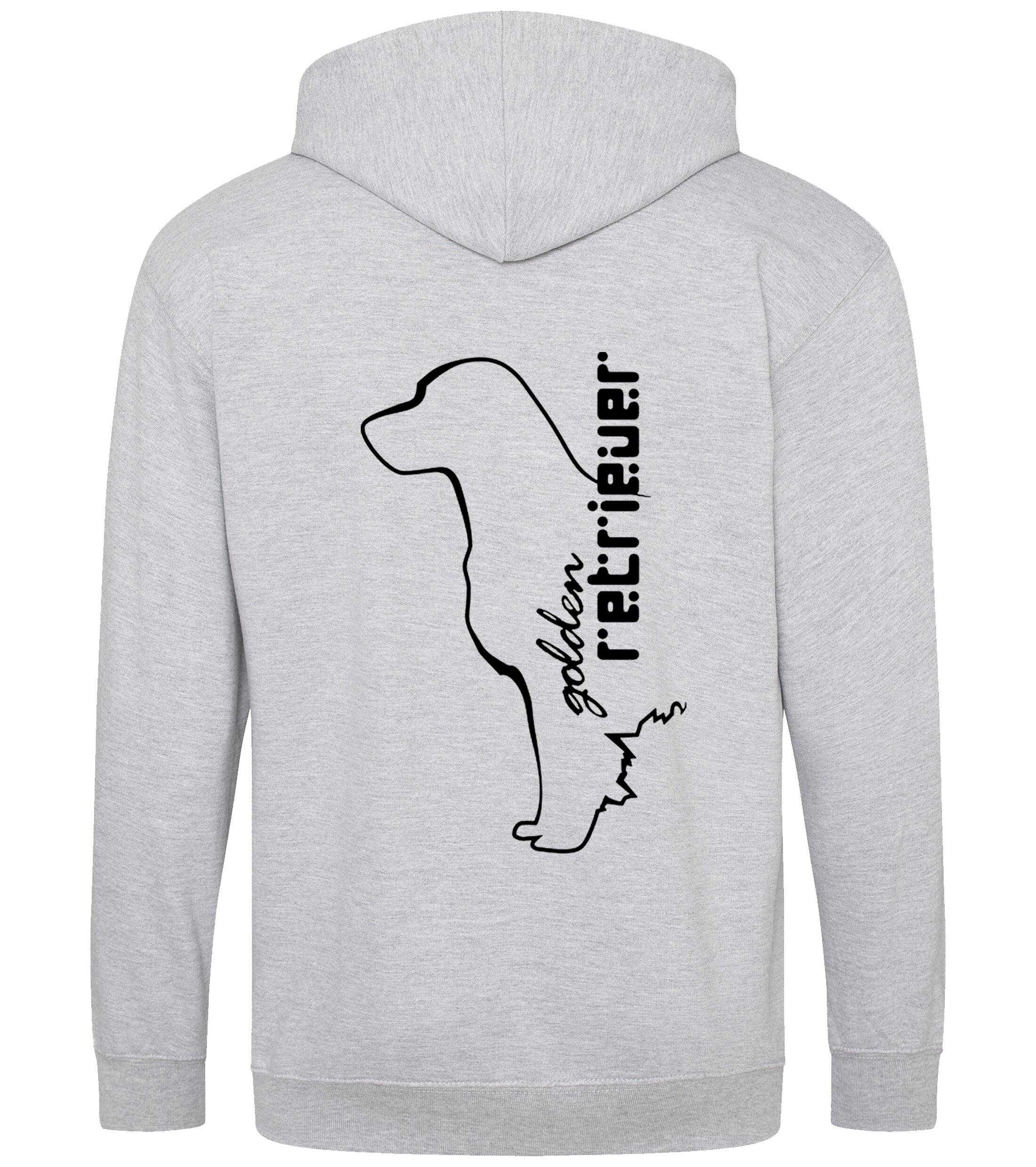 Golden Retriever zipped hoodie featuring an exclusive breed design, heavy-blend fabric with a brushed fleece interior, full-zip closure, and practical pockets, perfect for Golden Retriever enthusiasts.