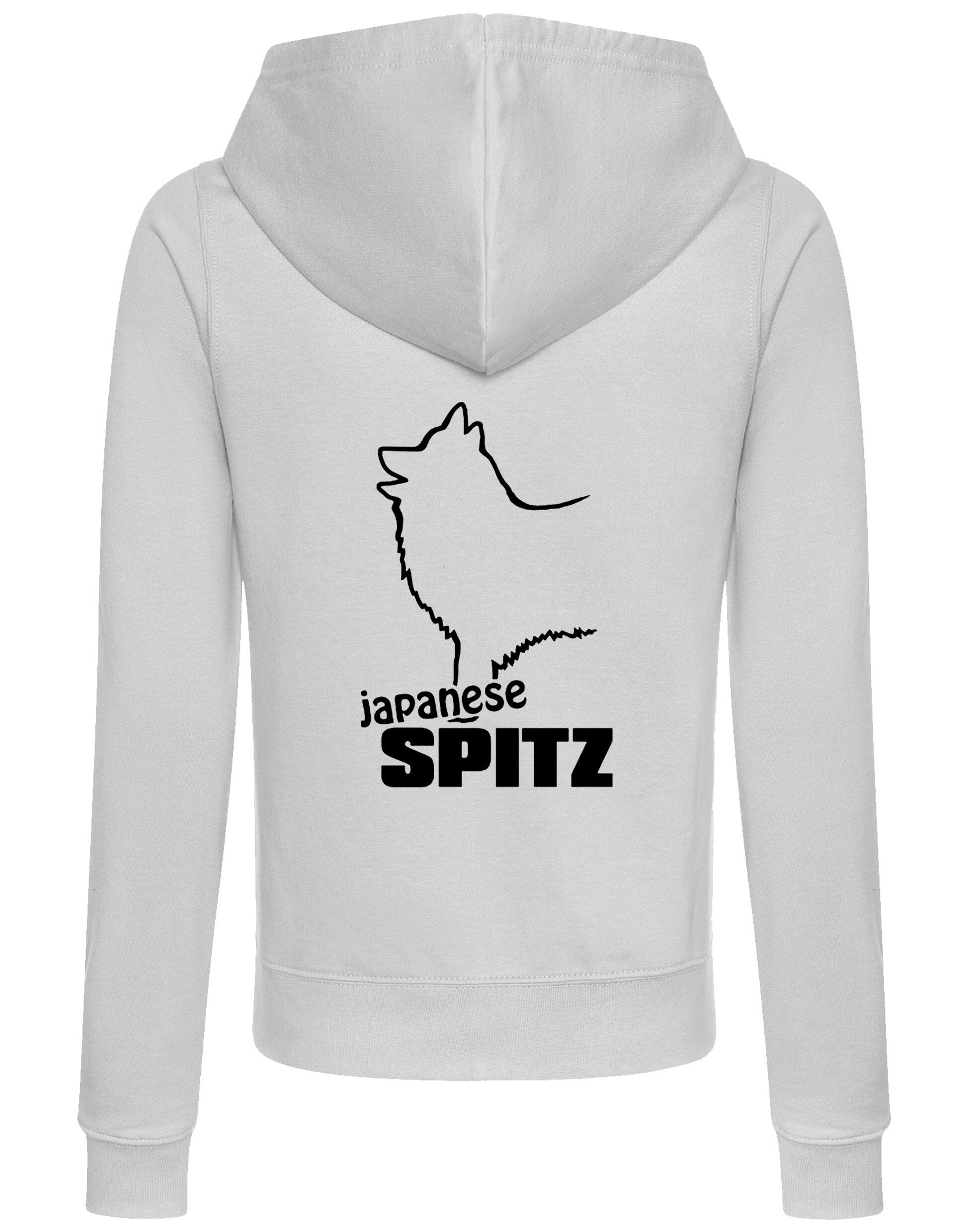 Women’s zipped hoodie featuring exclusive Japanese Spitz artwork, a cozy hood, and practical pockets, designed for breed enthusiasts.