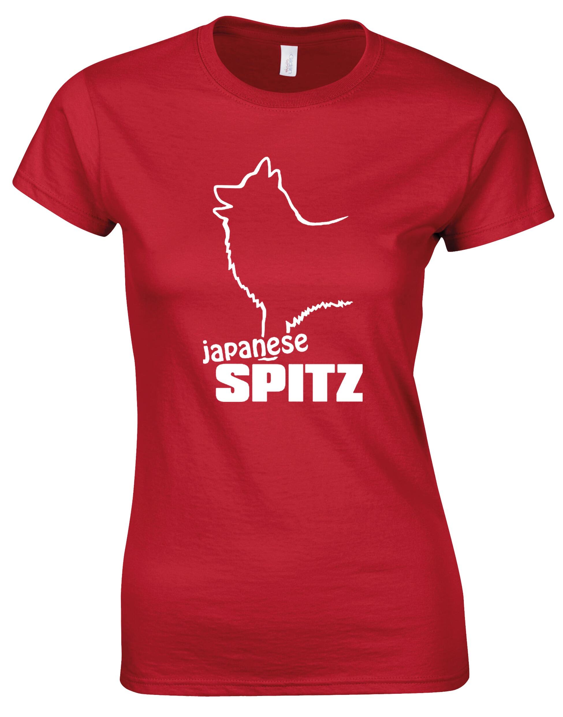 Female roundneck T-shirt featuring exclusive Japanese Spitz artwork, crafted for breed enthusiasts.