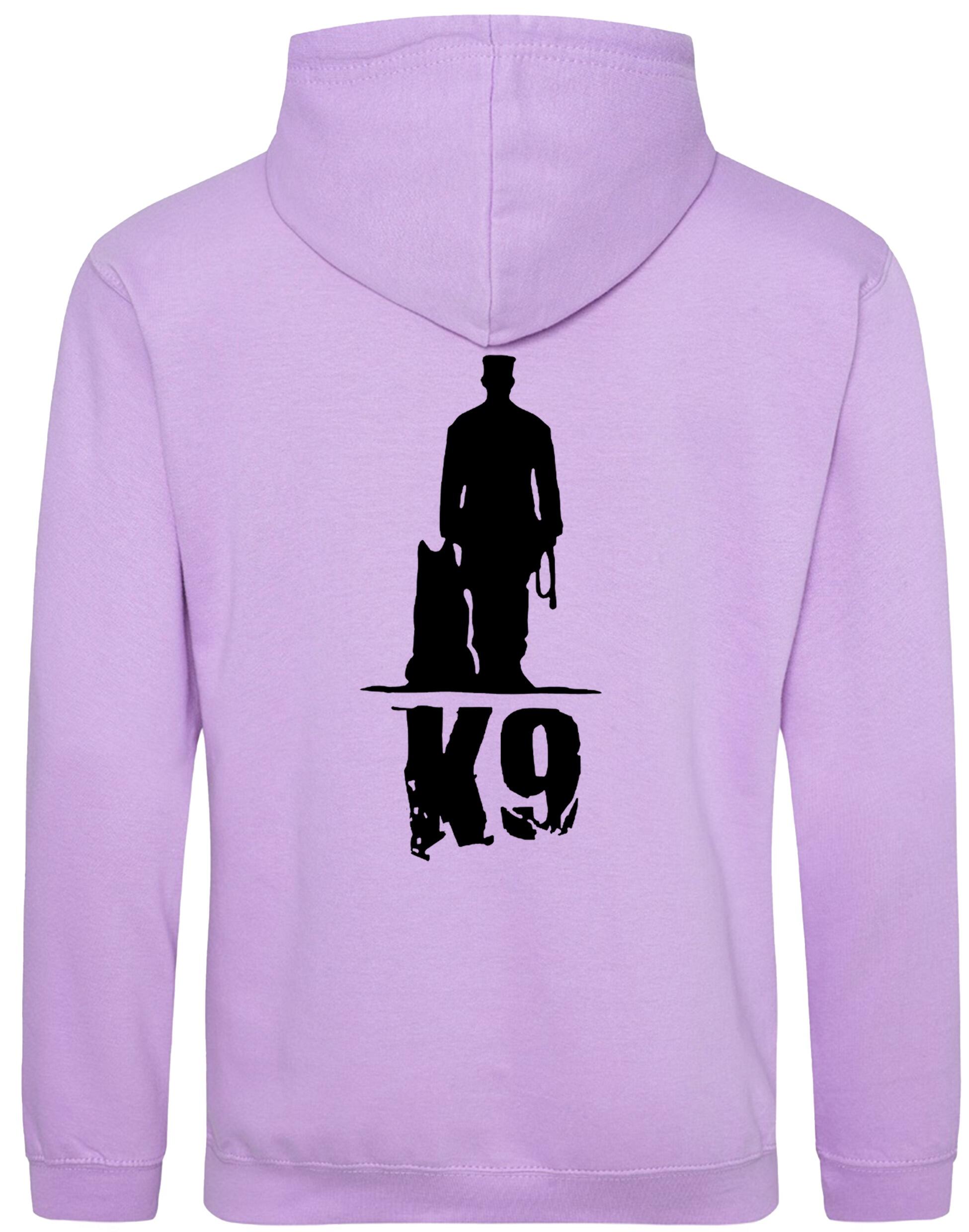 K9 pullover hoodie with exclusive artwork, brushed fleece interior, and personalization options, perfect for dog lovers at events or casual outings.