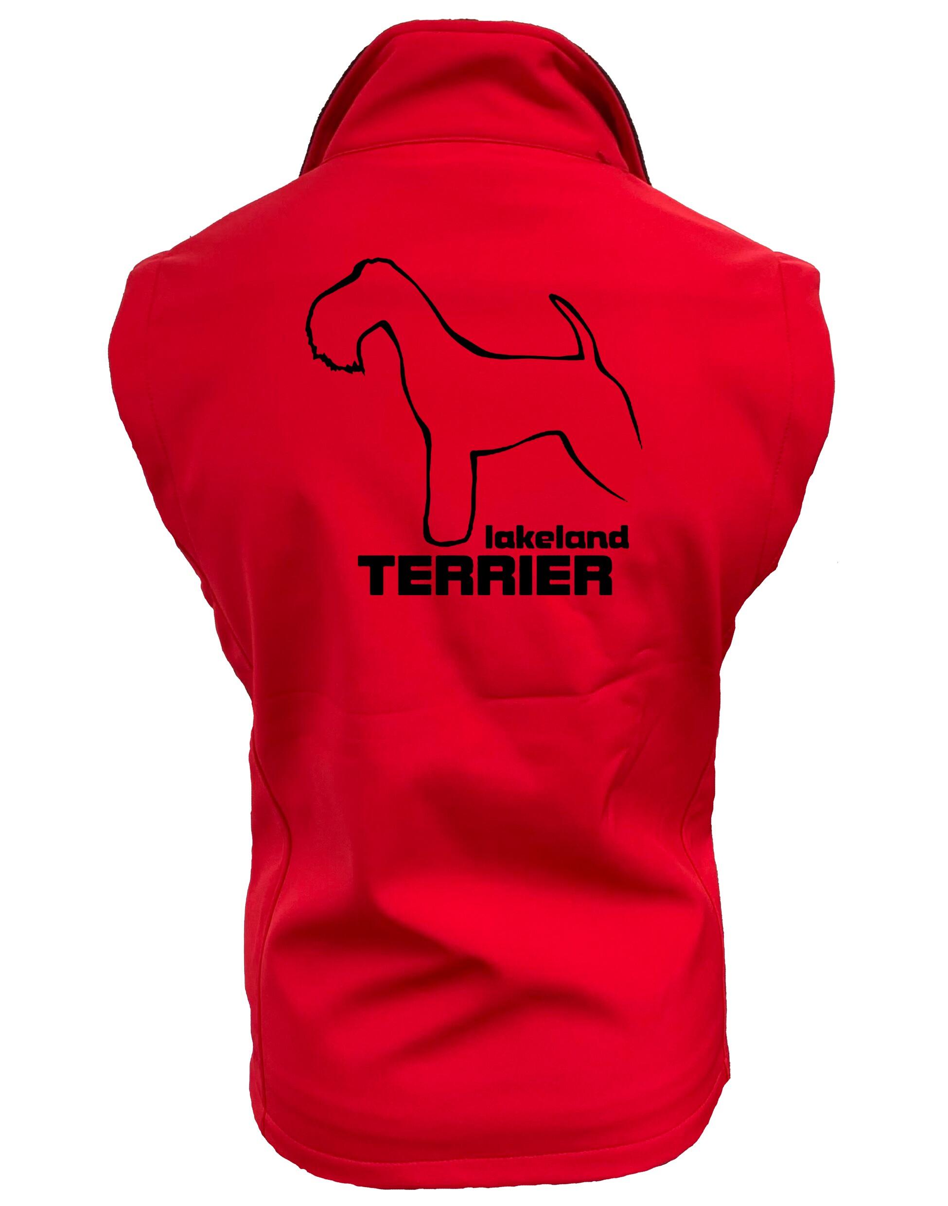 Unisex Lakeland Terrier Softshell Gilet with breed artwork, water-resistant fabric, and fleece lining for outdoor comfort.