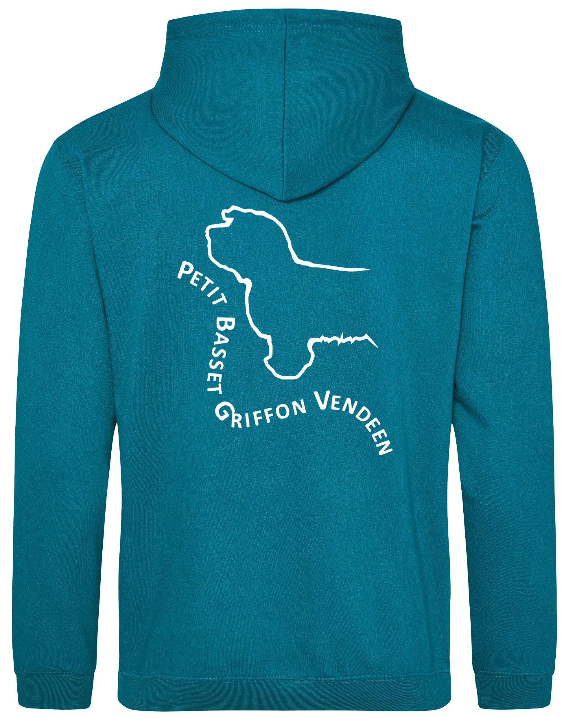 Petit Basset Griffon Vendéen Pullover Hoodie – warm fleece-lined hoodie featuring exclusive breed artwork, personalization options, a kangaroo pouch pocket, ribbed cuffs, and a double-fabric hood.