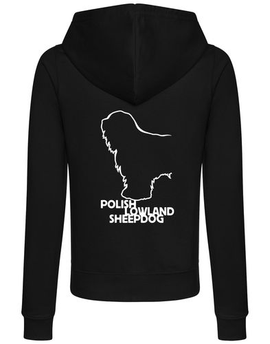 Polish Lowland Sheepdog Women’s Zipped Hoodie featuring exclusive breed artwork, full-zip closure, cozy hood, and practical pockets for all-day comfort and style.