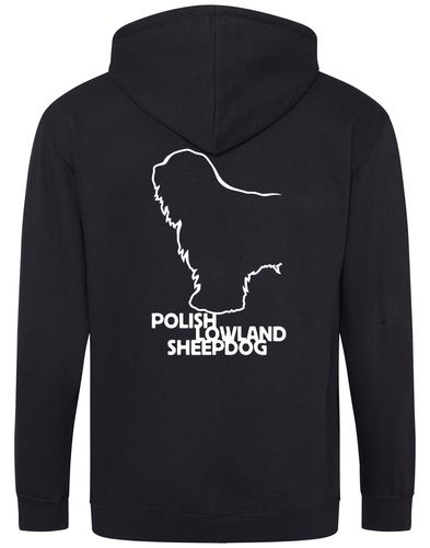 Polish Lowland Sheepdog Zipped Hoodie featuring exclusive breed artwork, full-zip closure, double-fabric hood, and spacious pockets for comfort and style.