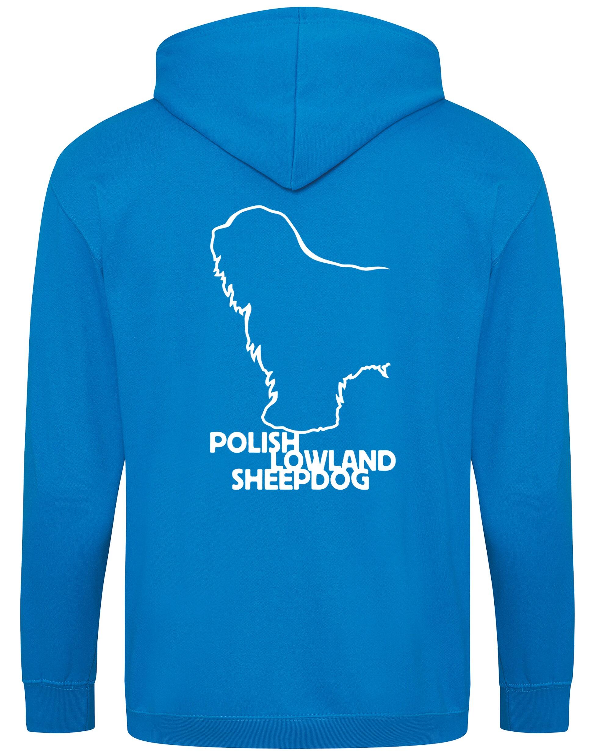 Polish Lowland Sheepdog Zipped Hoodie featuring exclusive breed artwork, full-zip closure, double-fabric hood, and spacious pockets for comfort and style.