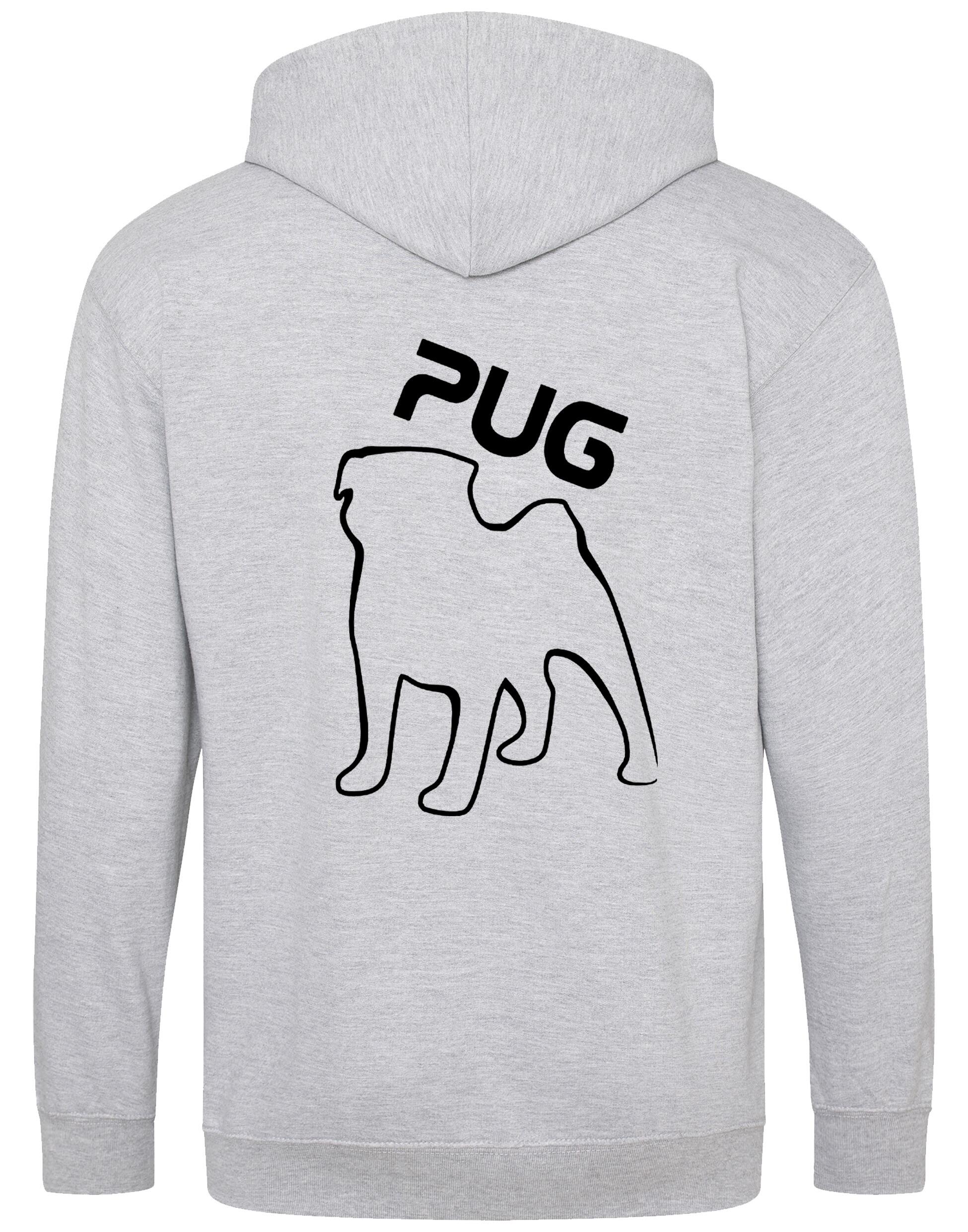 Unisex Pug (Outline) Zipped Hoodie featuring exclusive outline artwork, crafted from heavy-blend fabric with a brushed fleece interior, a full-zip closure, and a spacious kangaroo pocket for stylish, cozy comfort.