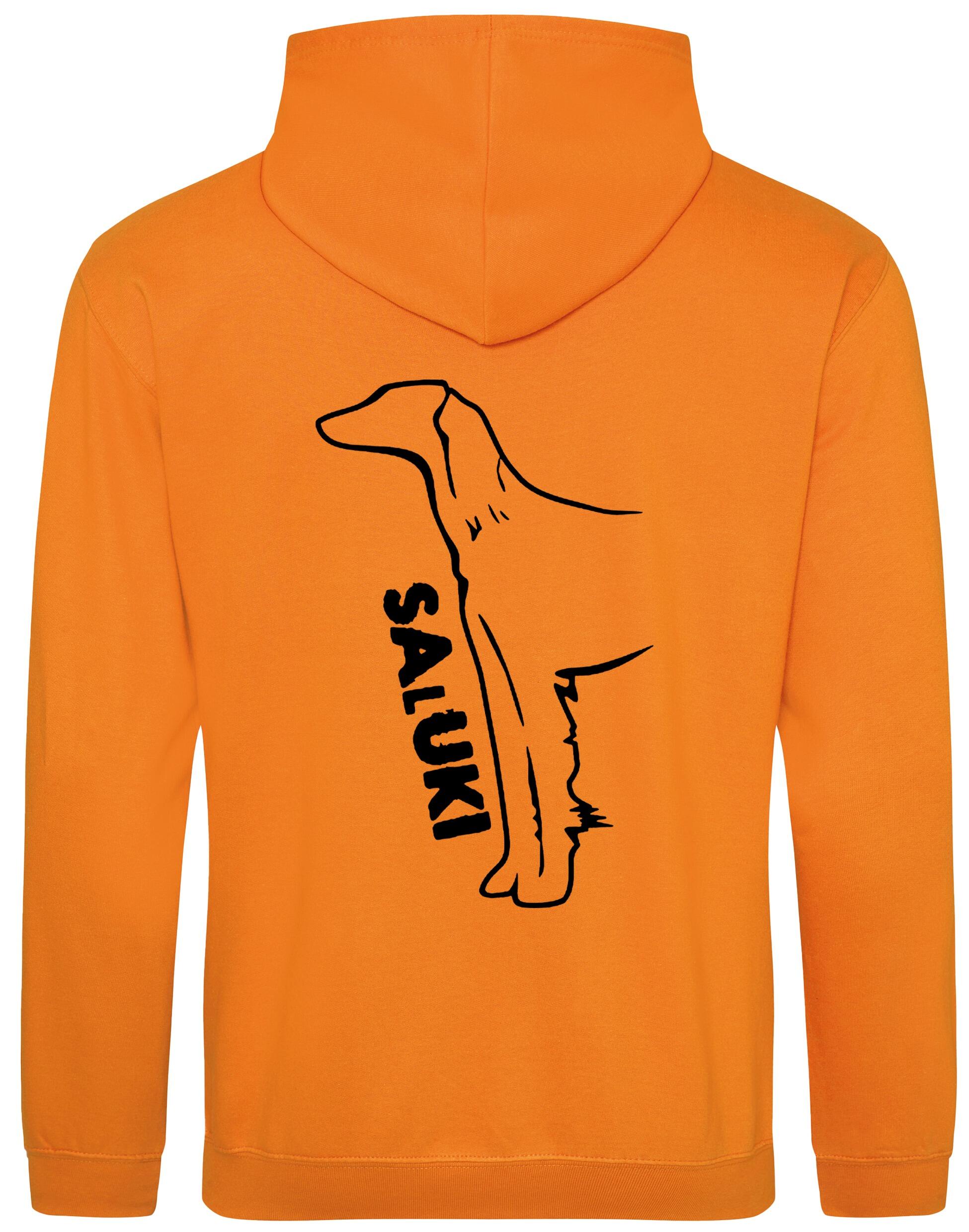 Saluki Design Pullover Hoodie featuring exclusive breed artwork, soft fleece interior, heavy-blend fabric, kangaroo pouch pocket, ribbed cuffs, and double-fabric hood with personalization options for breed enthusiasts.