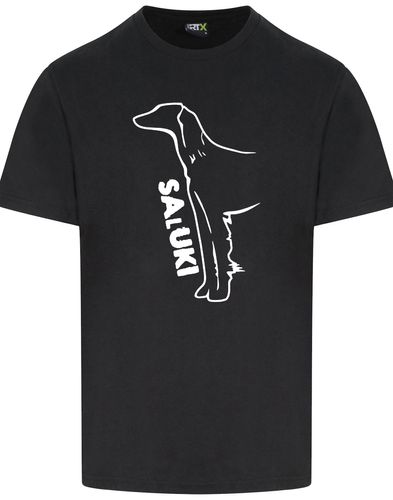 Saluki Unisex Roundneck T-shirt featuring exclusive breed artwork, soft breathable cotton fabric, relaxed unisex fit, and classic round neckline for comfort, versatility, and breed pride.