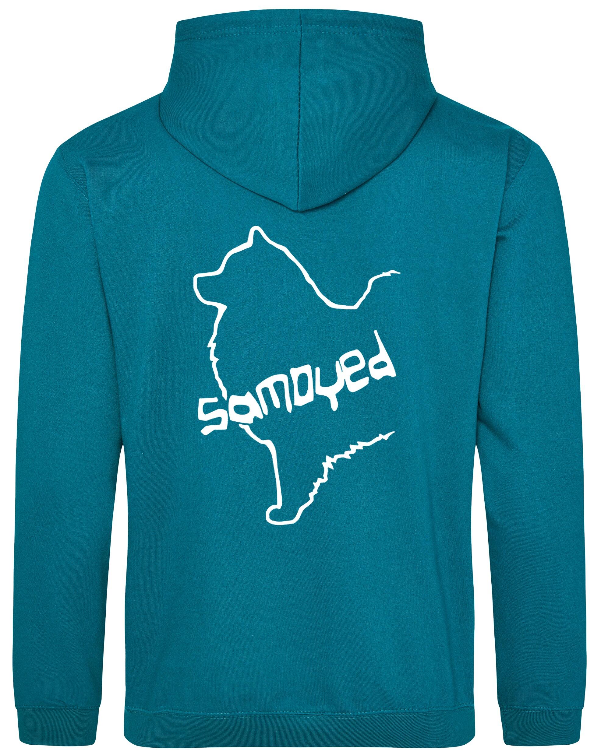 Samoyed Design Pullover Hoodie featuring exclusive breed artwork, soft fleece interior, heavy-blend fabric, kangaroo pouch pocket, ribbed cuffs, and double-fabric hood with personalization options for breed enthusiasts.
