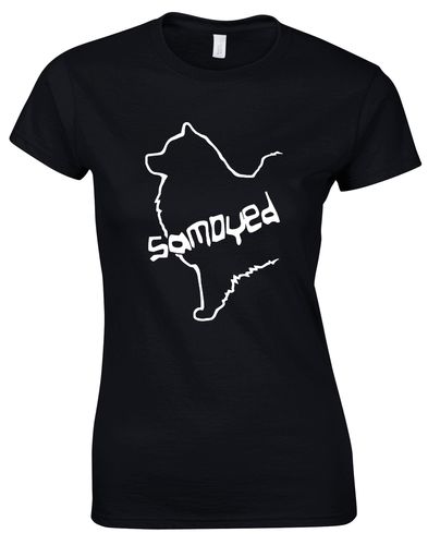 Samoyed Female Roundneck T-shirt featuring exclusive breed artwork, soft breathable cotton, tailored feminine fit, classic round neckline, and lightweight comfort for breed enthusiasts.