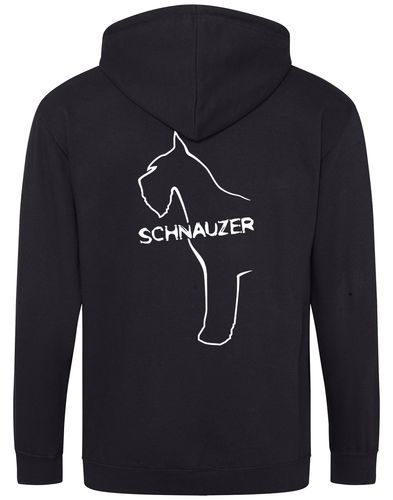 Schnauzer Zipped Hoodie featuring exclusive breed artwork on the back and paw prints on the front, made from durable heavy-blend fabric with a cozy brushed fleece interior, full-zip closure, double-fabric hood, and spacious front pockets.