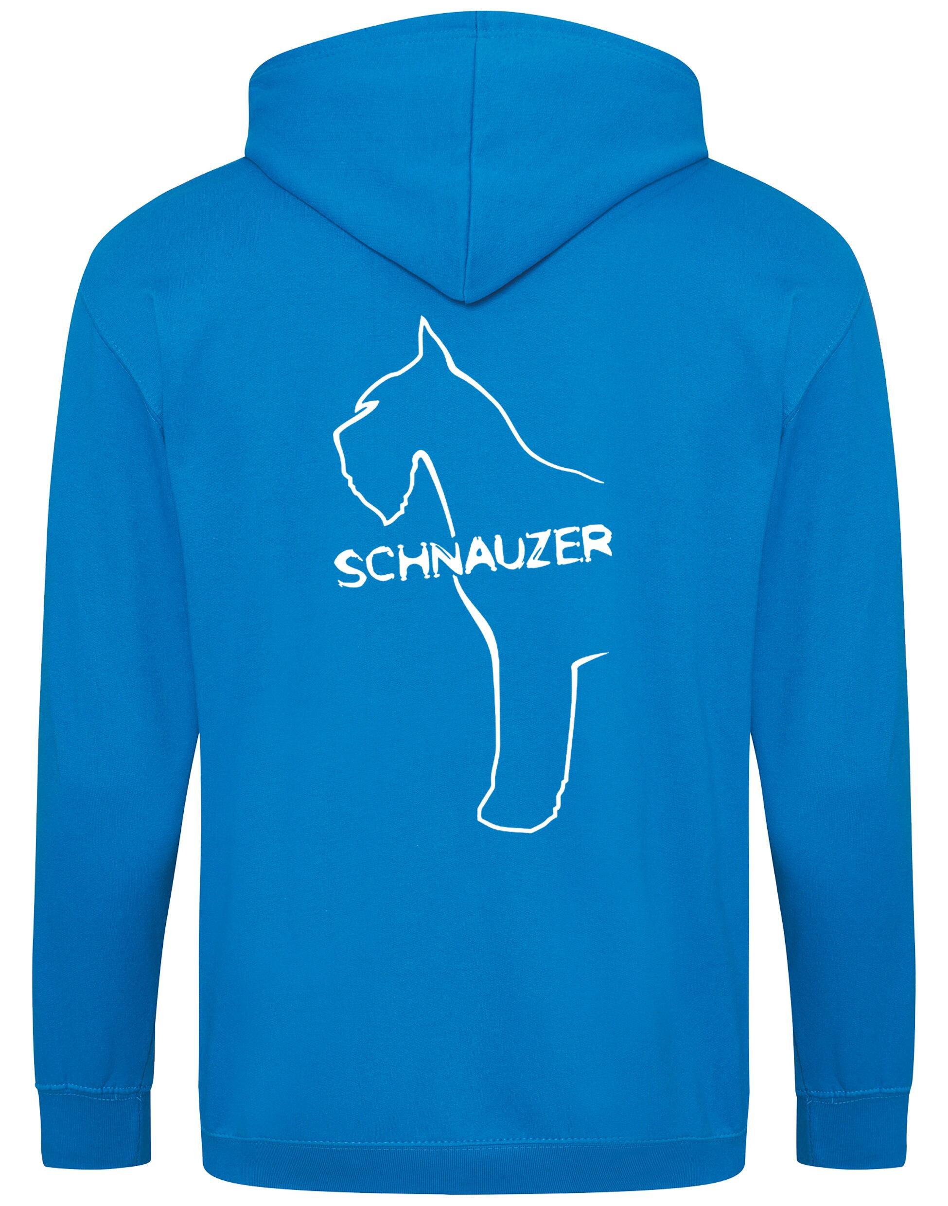 Schnauzer Zipped Hoodie featuring exclusive breed artwork on the back and paw prints on the front, made from durable heavy-blend fabric with a cozy brushed fleece interior, full-zip closure, double-fabric hood, and spacious front pockets.
