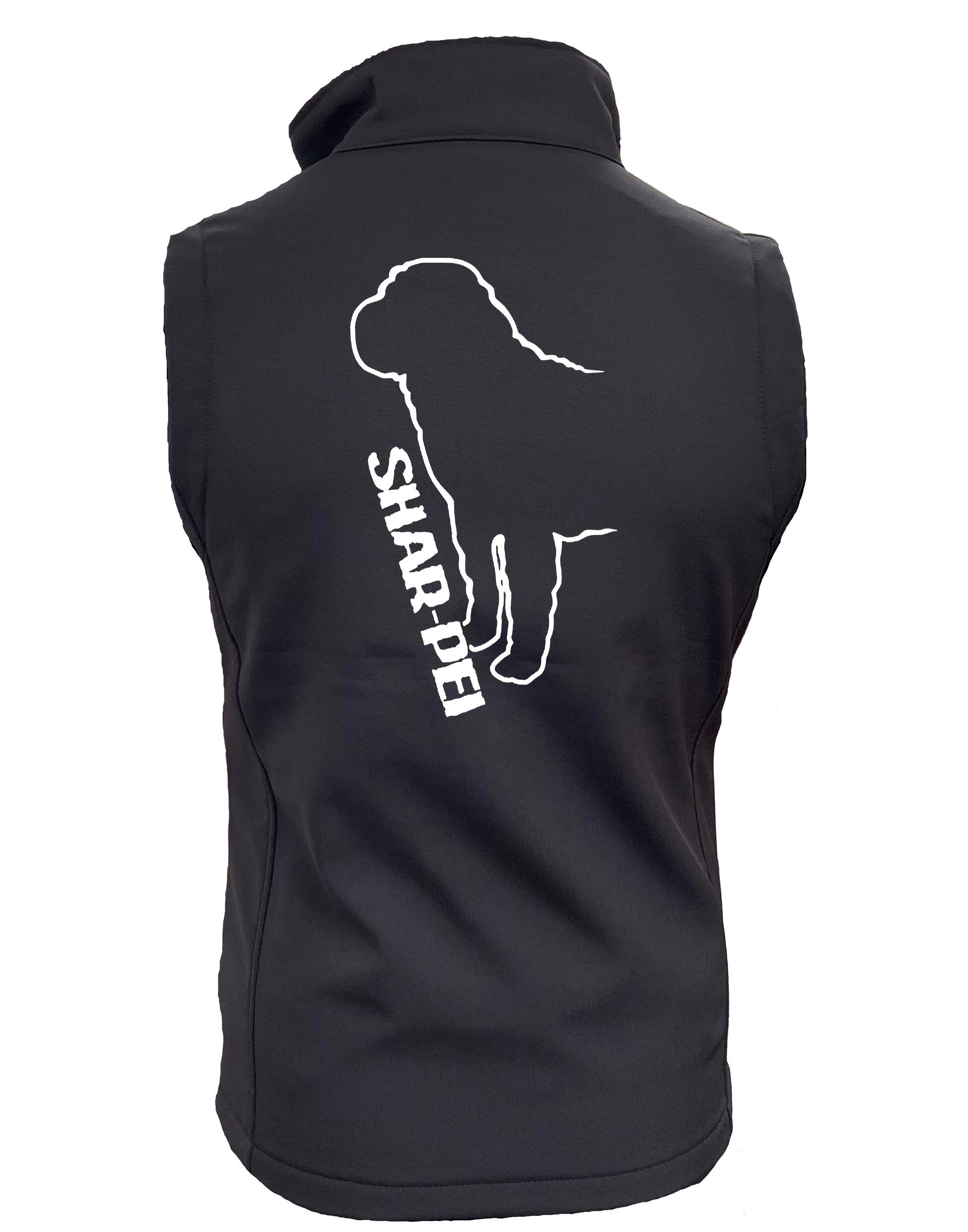 Women's Softshell Gilet featuring exclusive Shar Pei artwork, showcasing the breed's distinctive wrinkles and loyal demeanour.