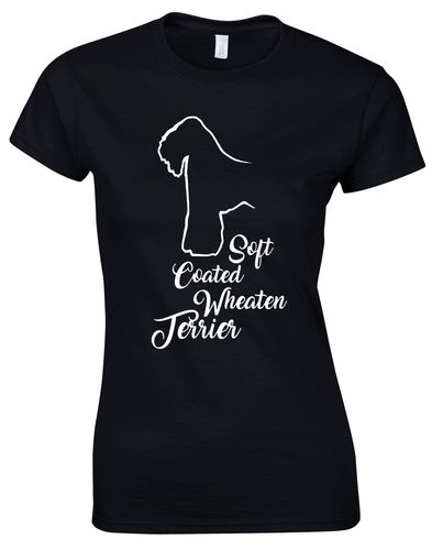 Female roundneck T-shirt with Soft Coated Wheaten Terrier artwork on the front, tailored feminine fit in breathable cotton