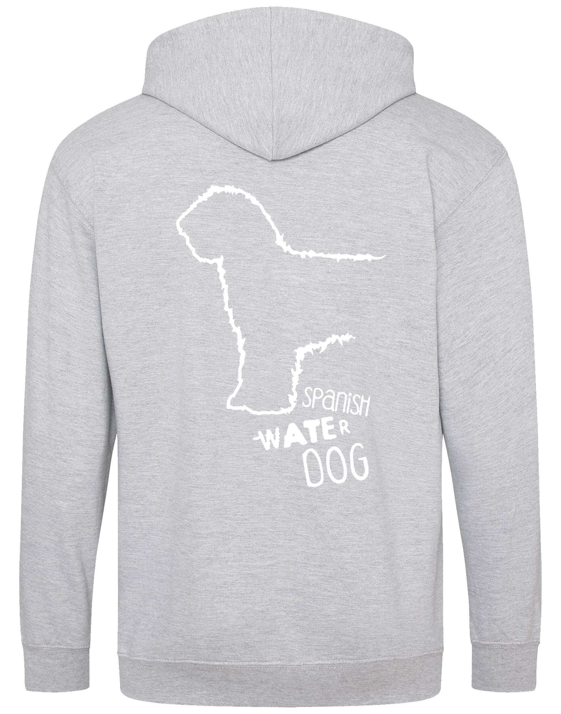 Unisex zipped hoodie featuring exclusive Spanish Water Dog artwork on the back and paw prints on the front. Made from soft fleece-lined fabric with a double-layered hood, full-zip front, and roomy pockets—ideal for breed enthusiasts and everyday wear.