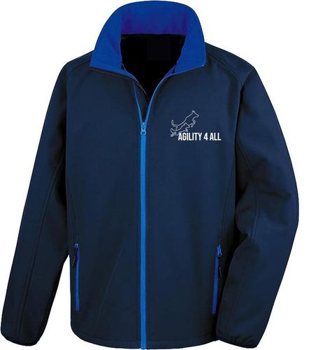 Agility 4 All Official Clothing - Navy/Royal Male Softshell Jacket Front Image - White Printed Logo