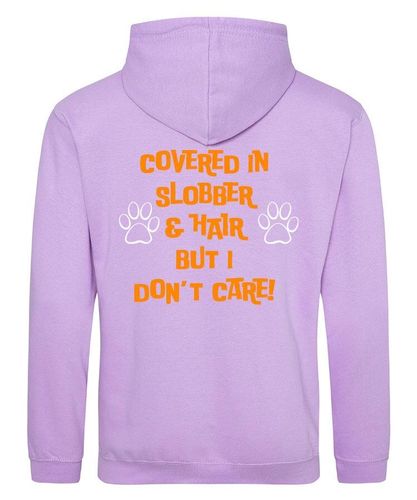 Covered In Slobber Design on a Lavender Pullover Hoodie Orange print