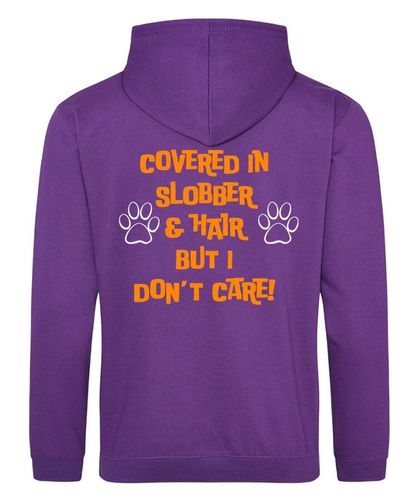 Covered In Slobber Design on a Purple Pullover Hoodie Orange print
