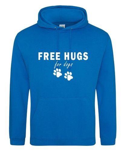 Free Hugs Design on a Sapphire Blue Pullover Hoodie White Print