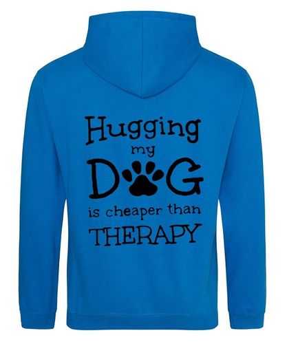 Hugging my Dog Design on a Sapphire Blue Pullover Hoodie Black Print